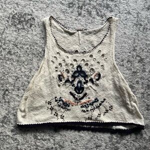 Free People Embroidered Cream Sleeveless Top